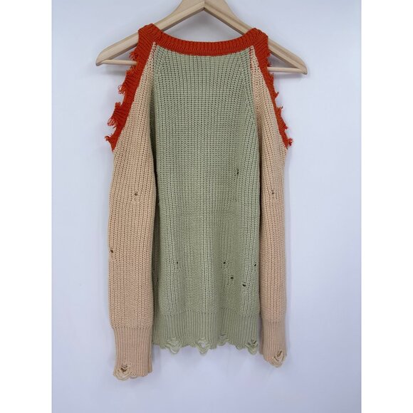 BIBI Distressed Cold Shoulder Knit Color Block Sweater Olive Small NEW - Picture 6 of 6